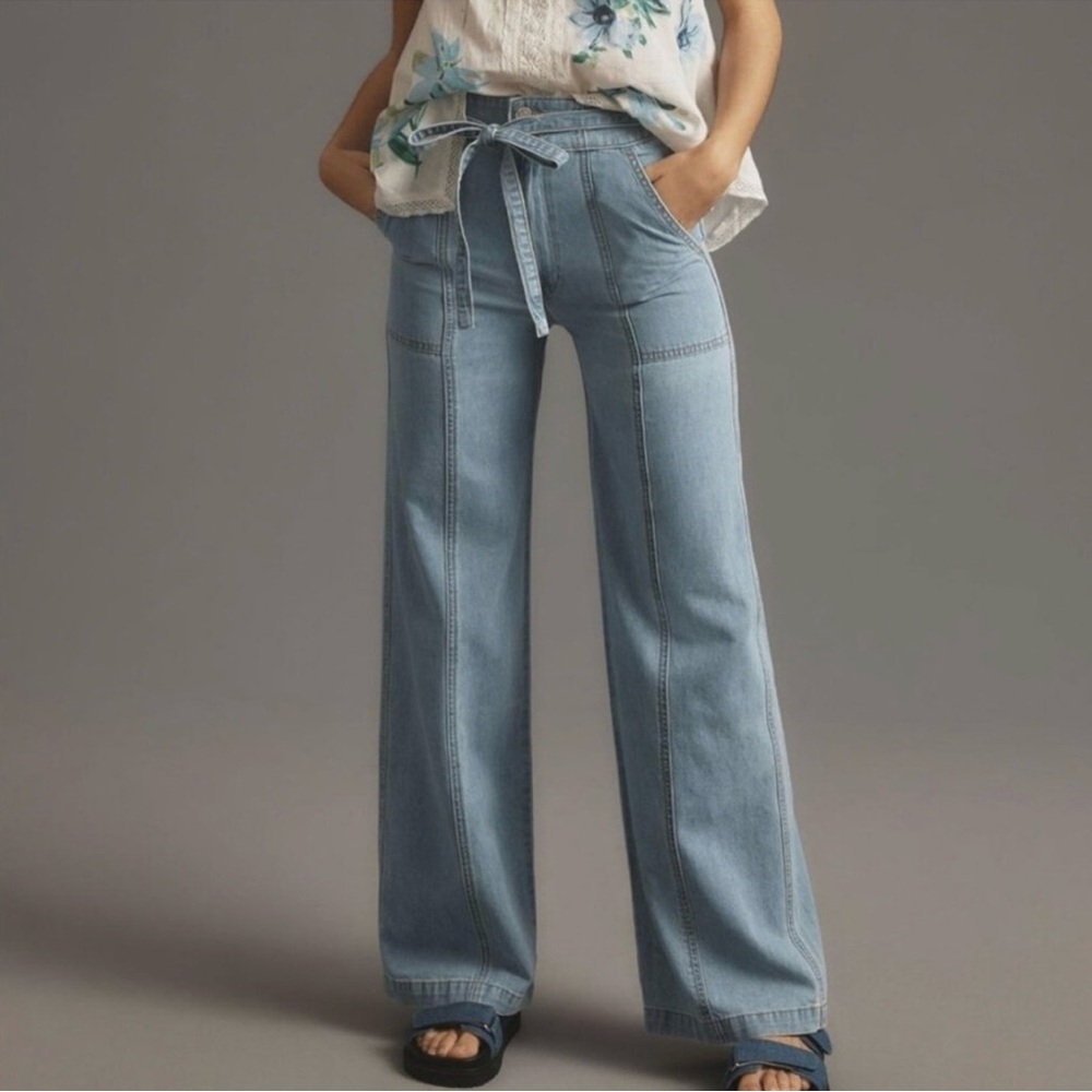 Hudson Jeans Light Wash Wide-Leg Tie-Belt Jeans